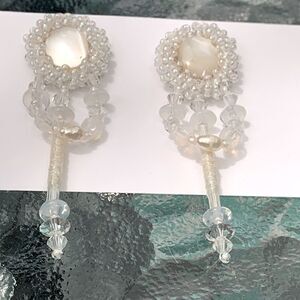 White Mother of pearl ab glass hand beaded dangling earrings pierced